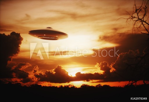 Bild på 3D illustration with photography Alien spaceship under the sunset